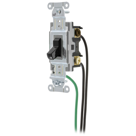 HUBBELL WIRING DEVICE-KELLEMS Spec Grade, Toggle Switches, General Purpose AC, Four Way, 20A 120/277V AC, Back and Side Wired, Pre-Wired with 8" #12 THHN CSL420BK